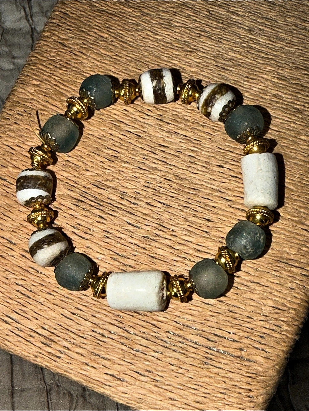 Roman glass Bead inlaid trading beads 24kt gold plated accents Bracelet STRECH